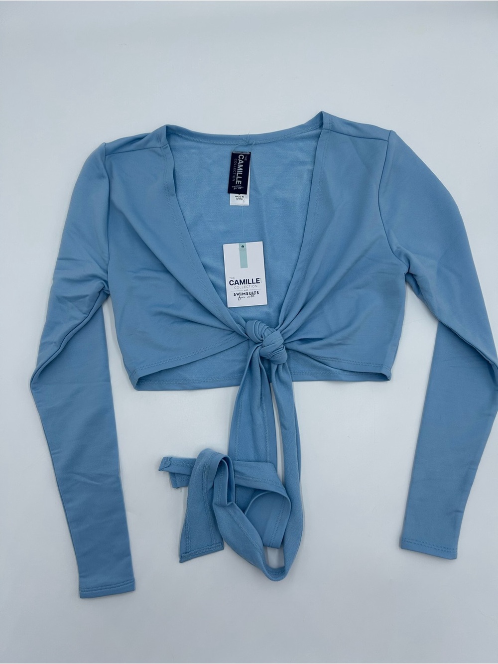 Camille Swimsuit Collection Light Blue Tie-Front Long Sleeve Crop S NWT